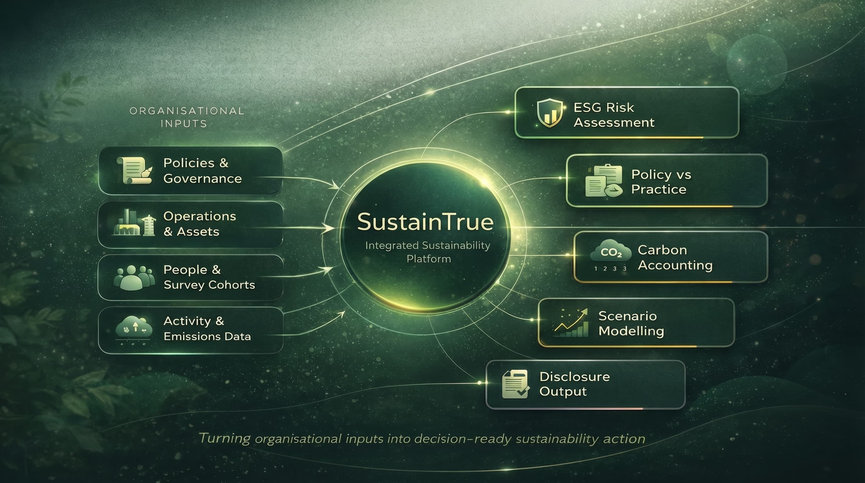 SustainQ integrated sustainability platform — turning organisational inputs into decision-ready sustainability action