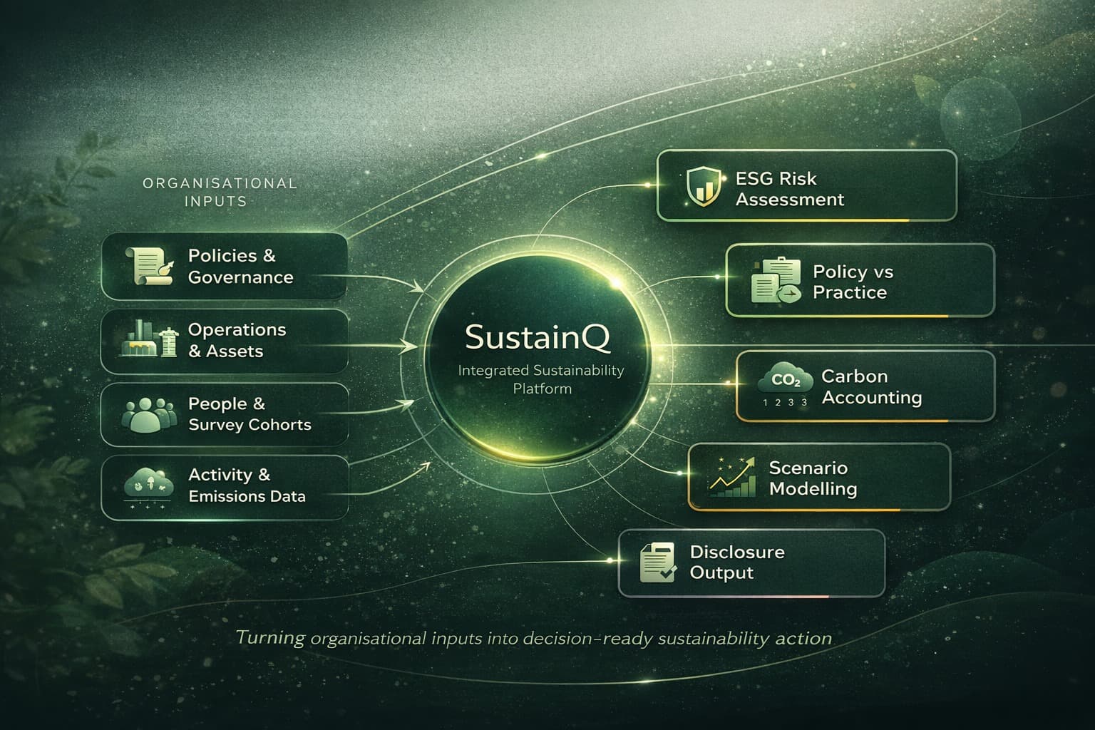 SustainQ integrated sustainability platform — turning organisational inputs into decision-ready sustainability action
